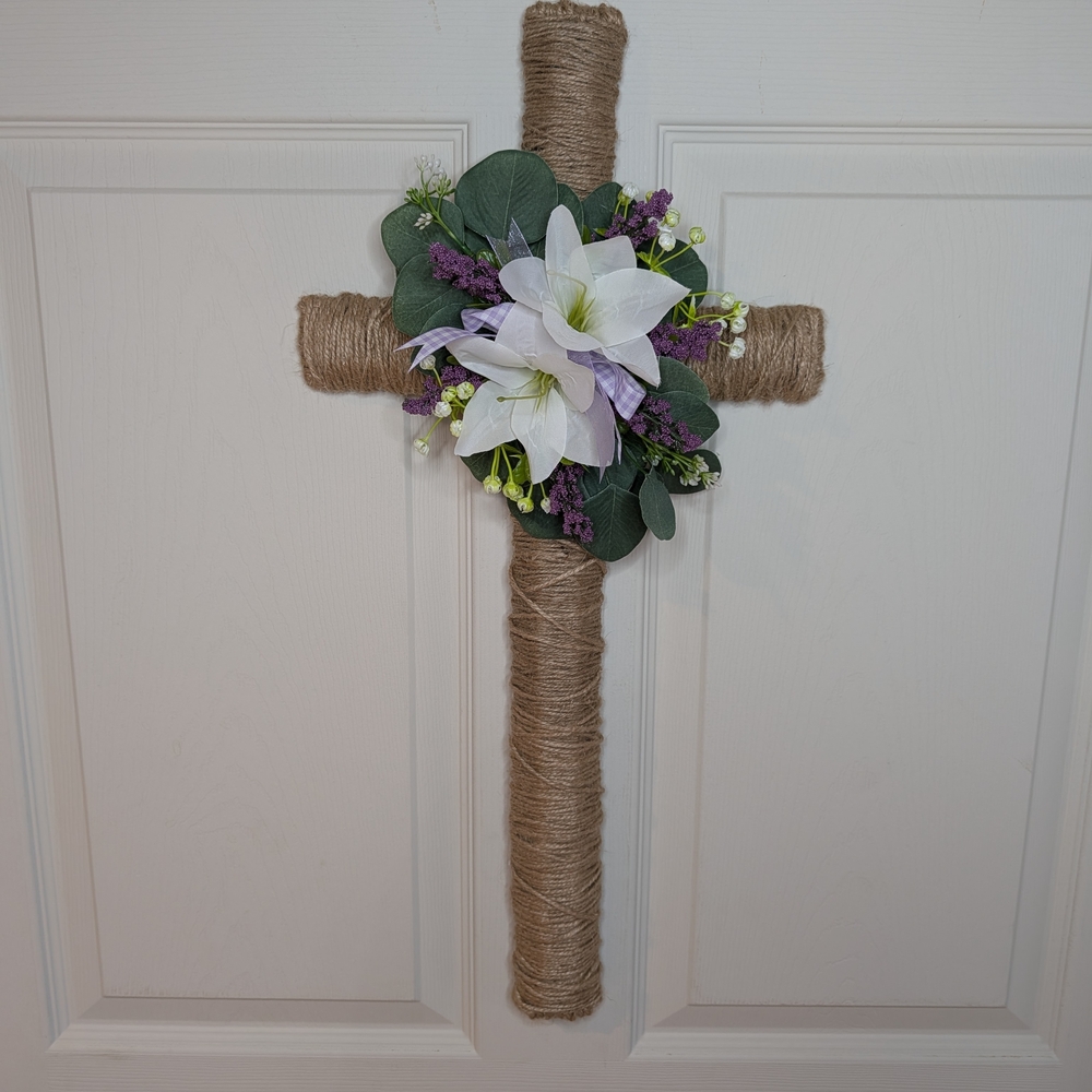 Elegant Jute Cross with White and Purple Floral Design